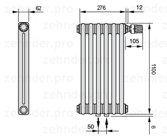 Схема (чертеж) Радиатор Zehnder Charleston 2110/6 №V008 Белый глянцевый RAL 9016